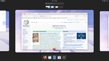 Dynamic virtual desktops in GNOME Shell v40. Workspaces are automatically added or deleted as the existing ones are respectively consumed or freed. GNOME Shell v40 showing workspaces in overview mode.png