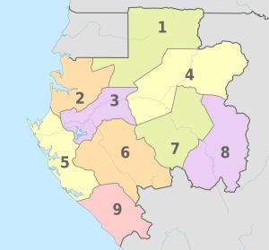 Gabon, administrative divisions - Nmbrs - colored.svg