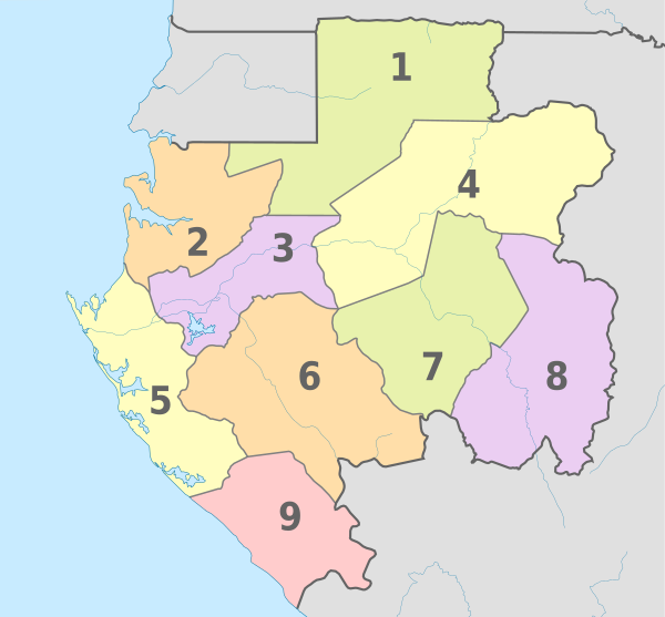 Gabon, administrative divisions - Nmbrs - colored.svg