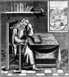 A man sits on a large ornate chair, resting his left elbow on a desk, his clenched fist supporting his head. In his right hand, at his waist, he holds a walking cane. He wears a cloak and a long beard, and his slippered feet rest on a chequered or tiled floor. On the desk lies an open book. Above his head the wall contains a shelf, filled with books. A picture hangs from the wall showing a country scene with a large mansion or castle