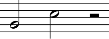 Figure 1: A half note with stem facing up, a half note with stem facing down, and a half rest Half notes and rest.svg