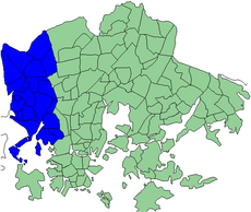 Helsingin kartta jossa Läntinen suurpiiri (Helsinki) korostettuna