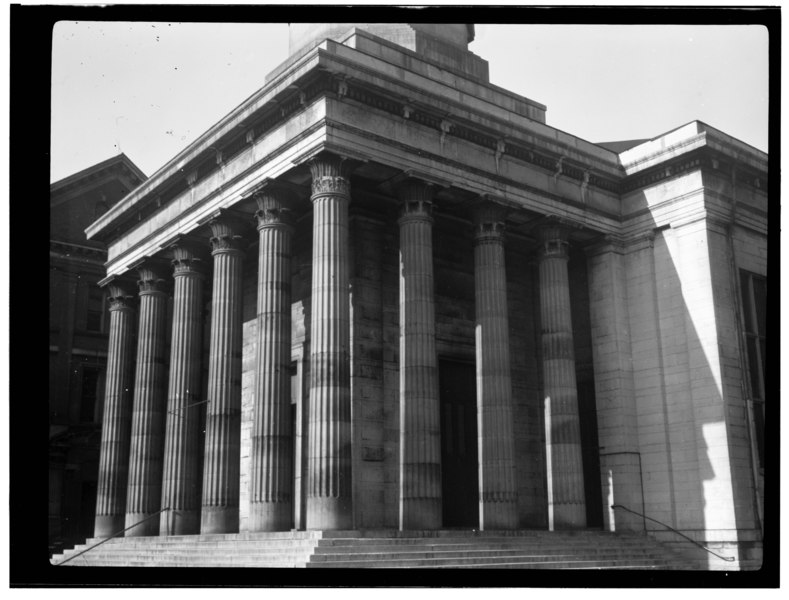 File:Historic American Buildings Survey, Delos H. Smith, Photographer, 1940 DIAGONAL VIEW OF PERISTYLE AROUND BASE OF TOWER. - Cathedral of St. Peter in Chains, Eighth and Plum HABS OHIO,31-CINT,8-5.tif