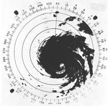 Radar image of Hurricane Cleo from Miami prior to landfall Hurricane Cleo 26 Aug 1964 1115pm ET Miami radar image.png