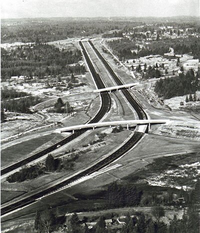 The Swamp Creek Interchange in Lynnwood, the southern terminus of SR 525 and the northern terminus of I-405, viewed from above in 1967. The overpass i