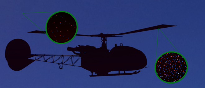 Sob um céu azul escuro ao anoitecer a silhueta negra de um helicóptero paira no céu, são destacadas e figurativamente aumentadas duas microscópicas parcelas de ar; à esquerda na parcela aumentada poucas moléculas podem ser vistas representando o ar com densidade local normal; a direita a parcela aumentada está encostada abaixo de uma das pás do helicóptero exibindo grande quantidade de moléculas e representando o aumento de densidade sob a pá do helicóptero