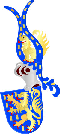 Coat of arms of Nassau: Azure billetty or, a lion rampant of the last armed and langued gules Ingeram Codex 272 Nassau wapen 1459.svg