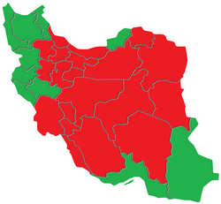 Shows in which provinces the reformists (green) and in which provinces the conservatives (red) won a majority in the first round. Iran 2005.png
