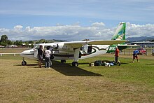 Island Air Charters Britten Norman Islander at Whitianga Airport in early 2006 - this aircraft would later crash-land on the mudflats near Tauranga in December 2006 Island Air BNI.JPG