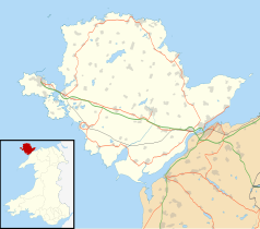 Mapa konturowa Anglesey, blisko centrum po lewej na dole znajduje się punkt z opisem „Aberffraw”