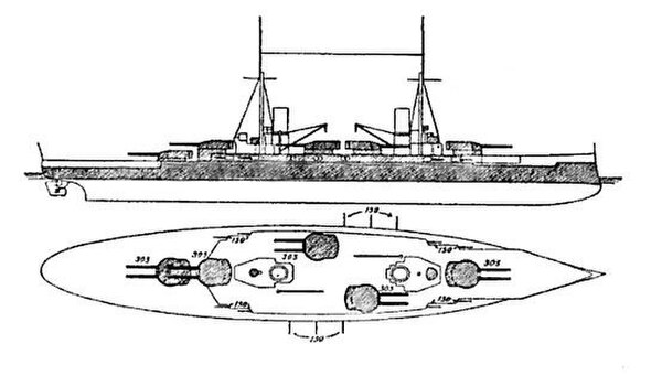 Plan and profile drawing of the Kaiser class; the shaded areas represent the portions of the ship protected by armor