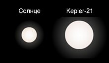 The size of HD 179070 (right) compared to the Sun (left) Kepler-21.jpg