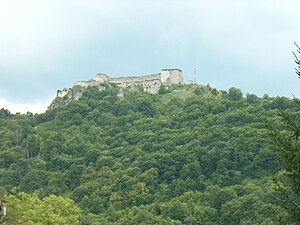 Utsikt over det ødelagte slottet som ligger på et skogkledd fjell