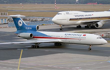 A Tupolev Tu-154 in the newest livery of Kyrgyzstan Airlines in 2003. Kyrgyzstan Airlines Tupolev Tu-154M KvW.jpg