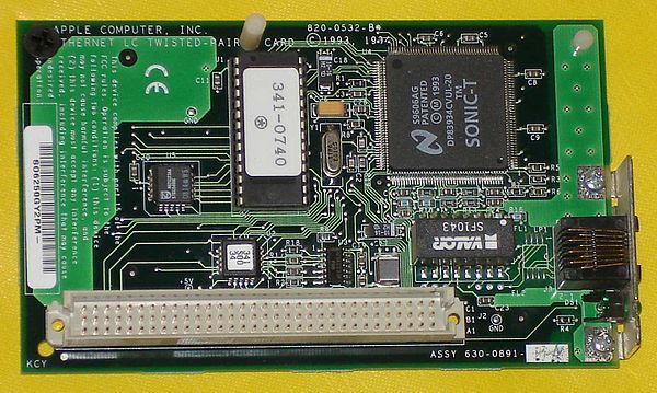 LC PDS Ethernet card. PDS connector is at bottom left of photo. The card was mounted parallel to the main logic board, unlike most computer busses in 