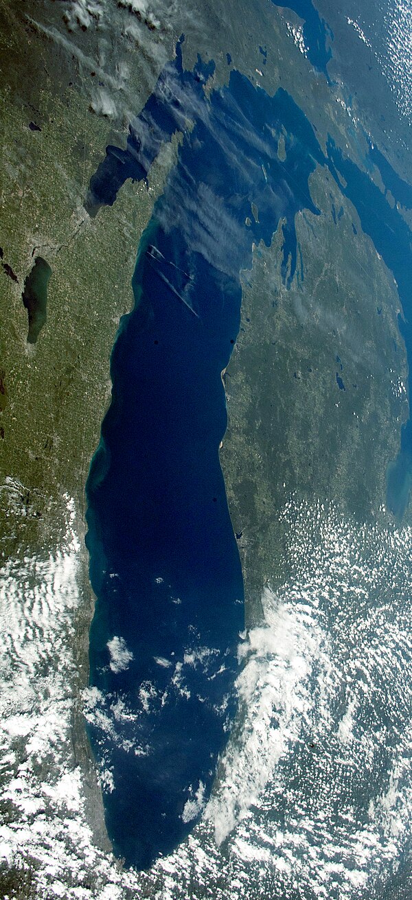 Lake Michigan viewed from the International Space Station (August 19, 2019). Chicago sits at the extreme S.W. of the lake.