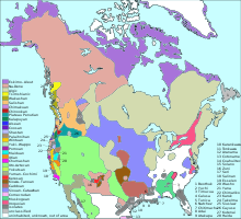 Colour-coded map of North America showing the distribution of North American language families north of Mexico
