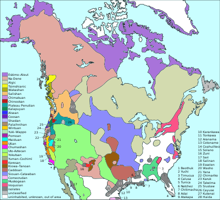 Colour-coded map of North America showing the distribution of North American language families north of Mexico