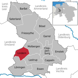 Läget för kommunen Lindern (Oldenburg) i Landkreis Cloppenburg