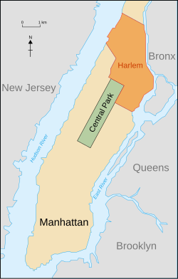 Kaart van Manhattan wat Harlem in oranje aandui.