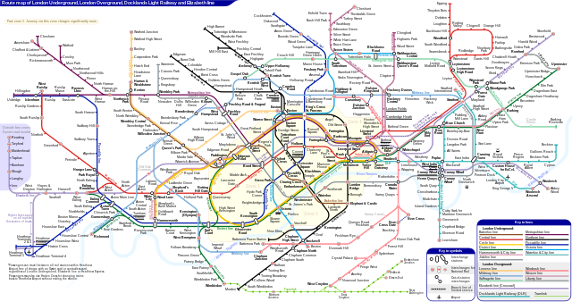 A drawing of variously coloured, irregularly winding London Underground, Overground and railway lines intersecting each other at points signifying stations, indicated with white dots outlined in black