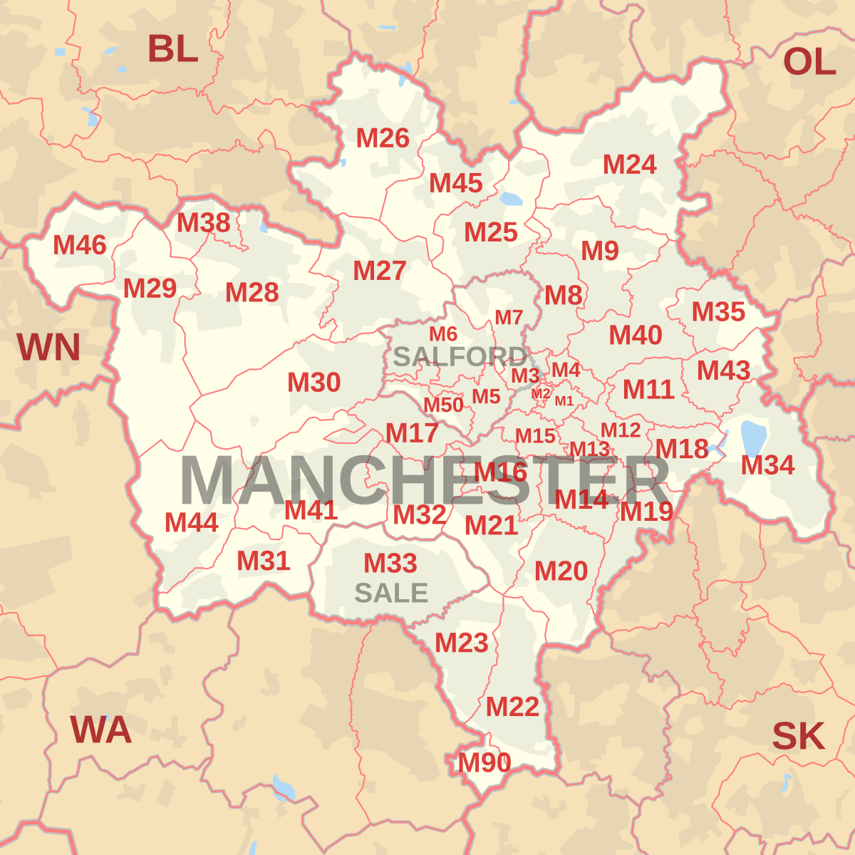 M postcode area map, showing postcode districts, post towns and neighbouring postcode areas.