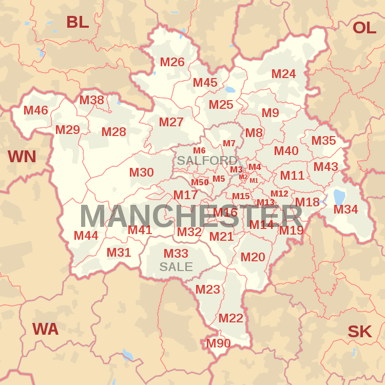 M postcode area map, showing postcode districts, post towns and neighbouring postcode areas.