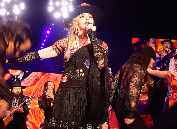 Madonna performing a Mexican-themed medley of "Dress You Up", "Into the Groove", and "Lucky Star" on one of the dates of 2015―2016's Rebel Heart Tour.