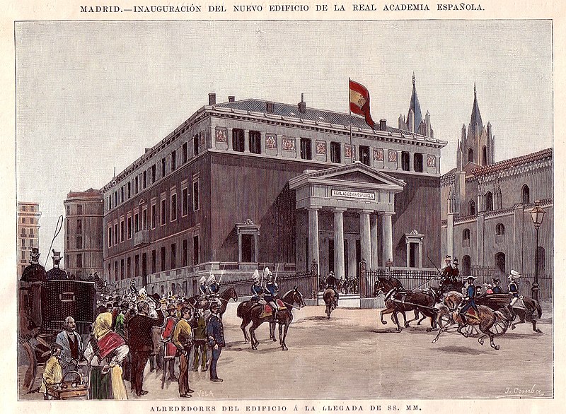 File:Madrid, inauguración del nuevo edificio de la Real Academia Española. Alrededores del edificio a la llegada de SS. MM..jpg