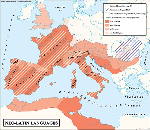 Length of the Roman rule and emergence of the Romance languages.[82]