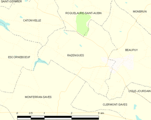 Razengues and its surrounding communes Map commune FR insee code 32339.png