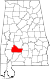 Harta statului Alabama indicând comitatul Wilcox