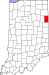 Map of Indiana highlighting Adams County Map of Indiana highlighting Adams County.svg