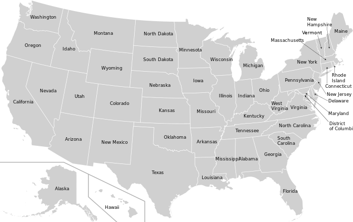Map of the United States with names and borders of states