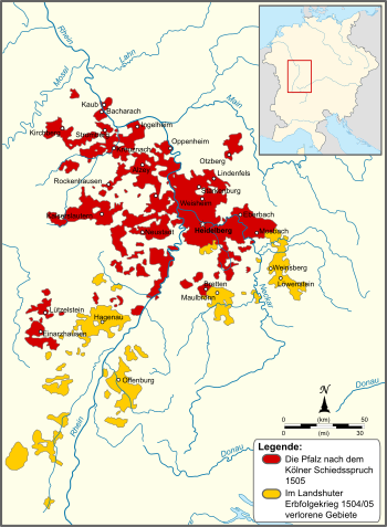 The Electorate of the Palatinate (red) which lost the yellow territories in 1505, after the War of the Succession of Landshut Map of the Electoral Palatinate (1505)-DE.svg