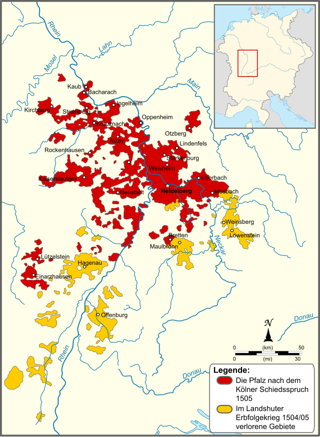 Kurpfalz vuonna 1505 merkittynä punaisella.Keltaisella Landshutin perimyssodassa menetetyt alueet.