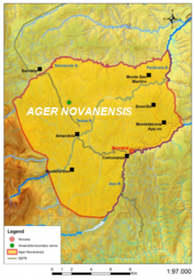 Mappa dell'antico Ager Novanensis, con la localizzazione dell'attuale città di Amandola e dell'antica Novana (Comunanza)