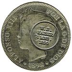 Pièce de monnaie espagnole d'Alphonse XIII commémorative surimpression occupation allemande en 1899.