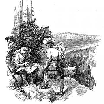 Stippled illustration of two men on a hill overseeing the American wilderness
