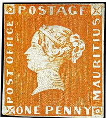 One of the first two Mauritius Post Office stamps. This orange stamp was sold for CHF 1,725,000 (approx $1.2 million) in 1993.[14]