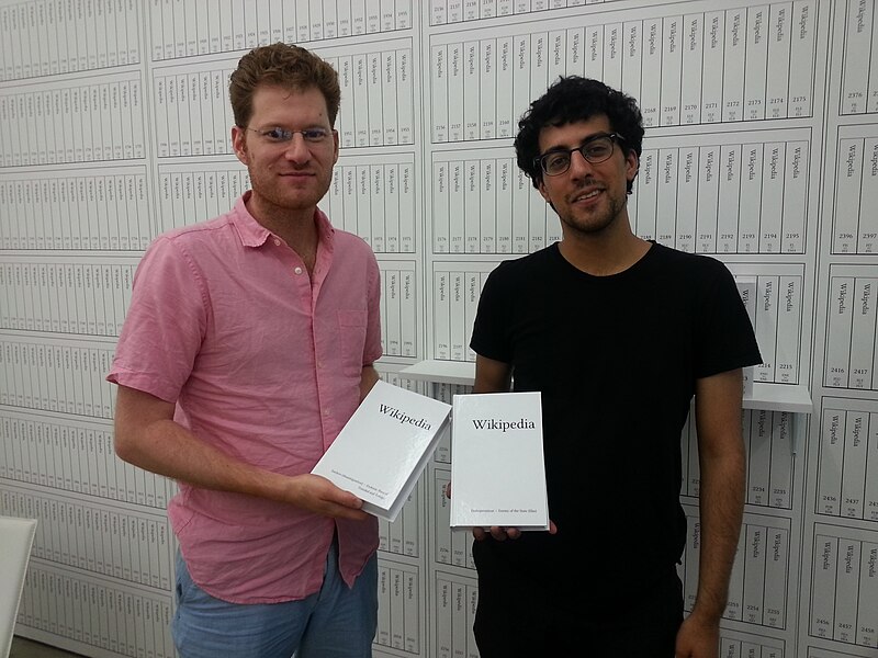 File:Michael Mandiberg and Jonathan Kiritharan with 'Print Wikipedia', NYC, June 17, 2015 -1.jpg