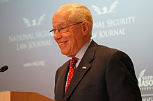 Former U.S. Attorney General Michael Mukasey speaks at a National Security Law Journal event in Arlington County, Virginia in March 2014 Michael Mukasey at NSLJ Symposium, March 2014.jpg