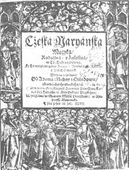 A Czech example of Fraktur: Title page of Česká mariánská muzika by Adam Václav Michna z Otradovic (1647) ("Cżeská maryánska muzyka" by old orthography)