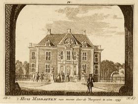 Middachten Castle, front view through the gate, 1743, by Jan de Beijer Middachten.png