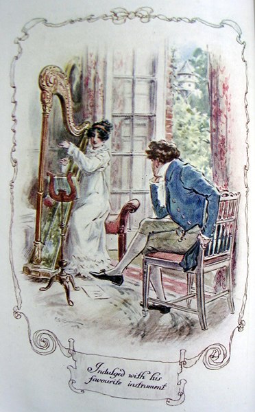 Mary Crawford plays the harp for Edmund Bertram (Brock, 1909)
