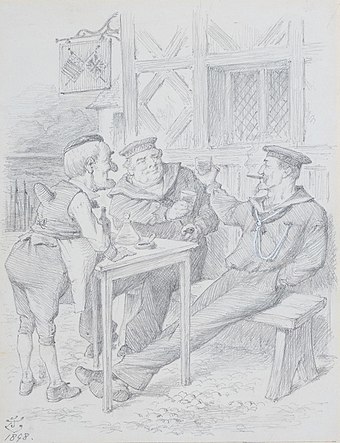 Original pencil drawing for a Punch magazine cartoon, "Mr Punch and Britannia toasting the USA after their defeat of Spain at the Battle of Manila Bay" (1898), by John Tenniel