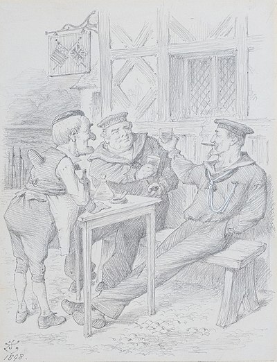 "Mr Punch en Britannia brengen een toast uit op de VS na Spanje werd verslagen in de Slag in de Baai van Manilla" (1898), door John Tenniel
