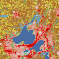 Acoperirea terenului din jurul Madison, Wisconsin. Câmpurile sunt colorate în galben și maro, iar suprafețele urbane sunt colorate în roșu.