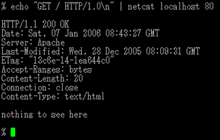 netcat is a computer networking utility for reading from and writing to network connections using TCP or UDP. The command is designed to be a dependable back-end that can be used directly or easily driven by other programs and scripts. At the same time, it is a feature-rich network debugging and investigation tool, since it can produce almost any kind of connection its user could need and has a number of built-in capabilities.