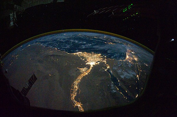 The drainage basin of the Nile river and delta at night